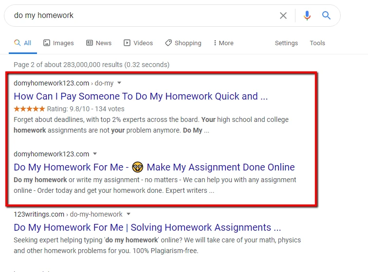 Google search results for 'do my homework' showing multiple organic listings from the same domain, illustrating PPC keyword cannibalisation.