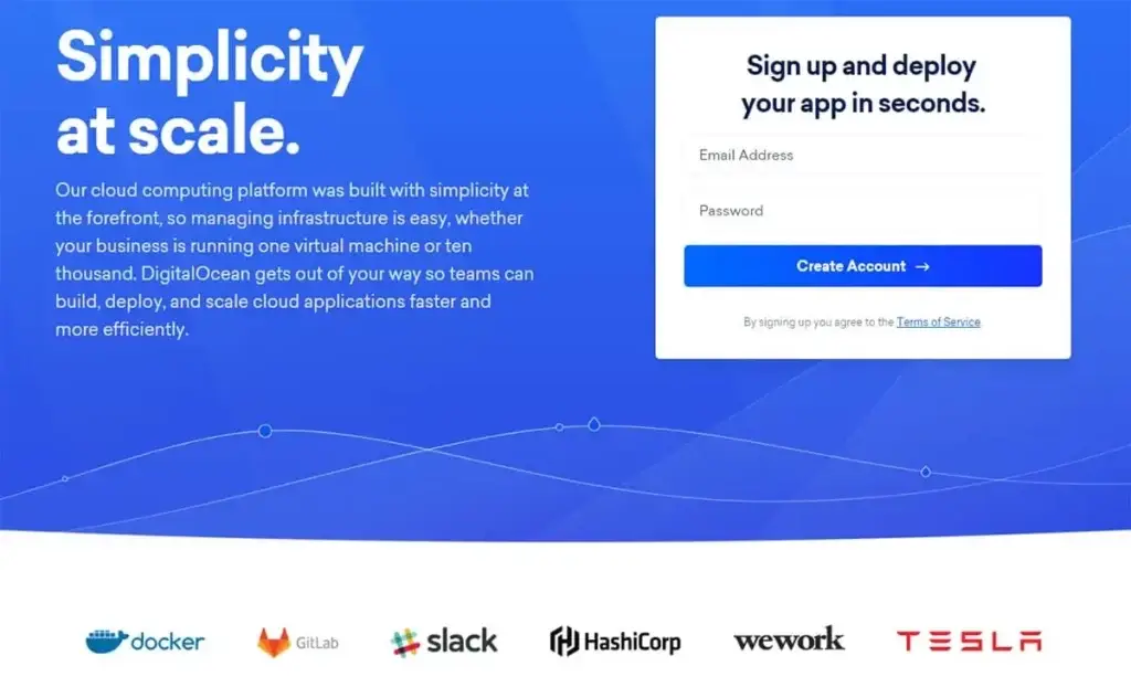 DigitalOcean signup page with 'Simplicity at scale' and logos of Docker, GitLab, Slack, HashiCorp, Wework, Tesla.
