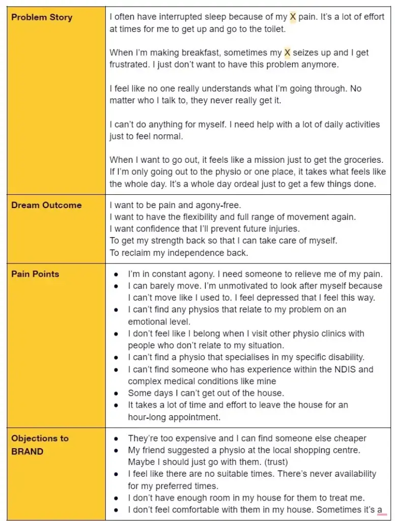 Chart outlining a customer's problem story, dream outcome, pain points, and objections to a brand.