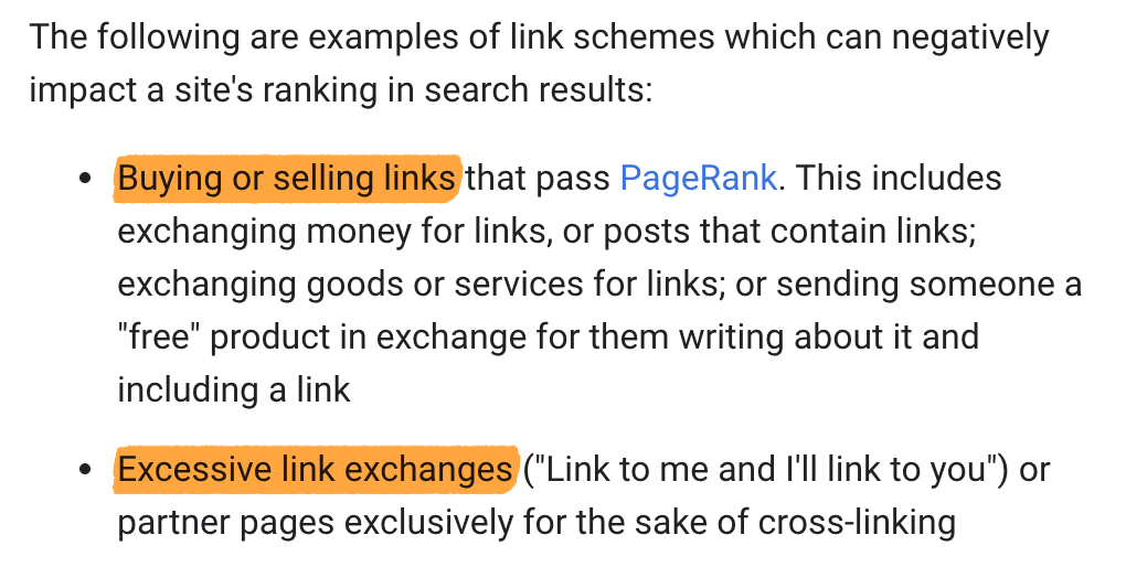Screenshot highlighting 'Buying or selling links' and 'Excessive link exchanges' as bad practices for a link building campaign.