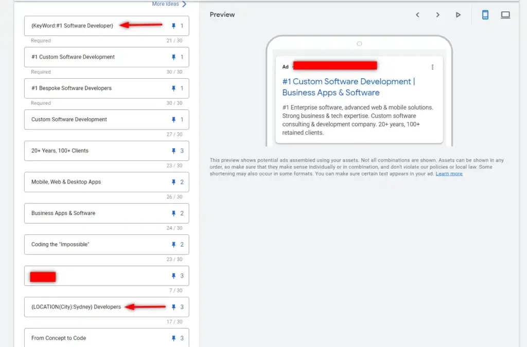 Google Ads interface showing dynamic keyword insertion for improved ad strength and ad preview.