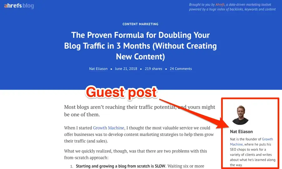 Ahrefs blog post interface showing a guest post, highlighting why is link building important for SEO.