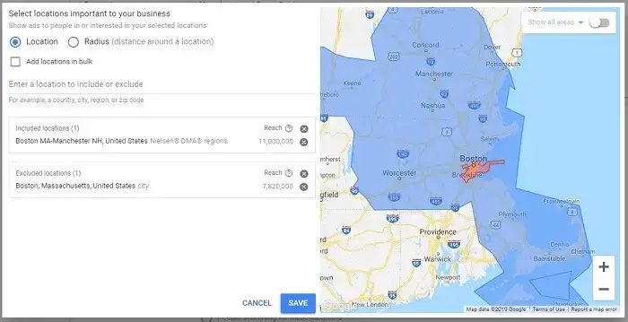 Google Ads location targeting interface with Boston and surrounding areas included, but Boston city excluded, preventing keyword cannibalisation.