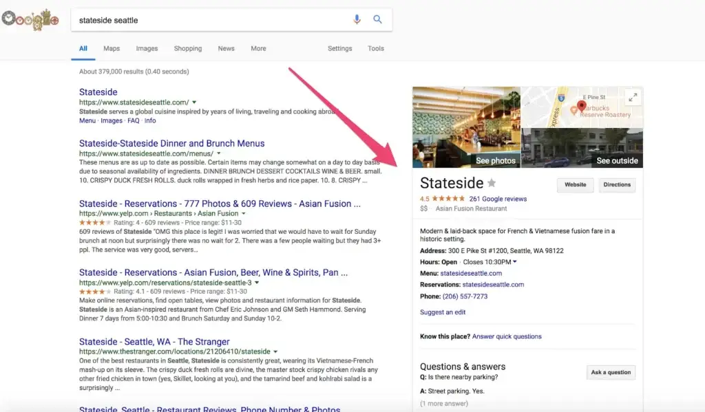 a screenshot of a google search result displaying a local search for "stateside seattle" on the right-hand side of the screen. the local search includes information such as the business's address, phone number, website, and reviews. this information is helpful for users who are looking for local businesses and want to learn more about them.