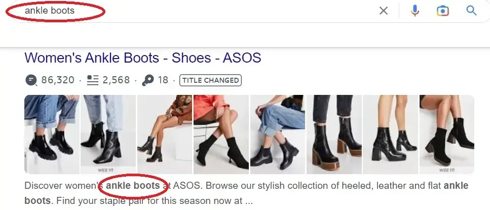 Google search results for 'ankle boots' showing a shopping ad using dynamic keyword insertion to match the query.