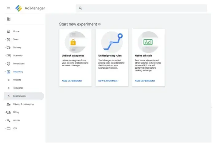 a screenshot of the "experiment" section in google ads. the options to start a new experiment are highlighted, including "unblock categories", "unified pricing rules", and "native ad style". these options allow advertisers to test different settings and strategies to optimize their ad campaigns.