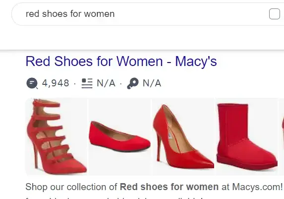 Google search results showing a dynamic keyword insertion ad for 'red shoes for women' from Macy's, displaying various styles of red shoes.