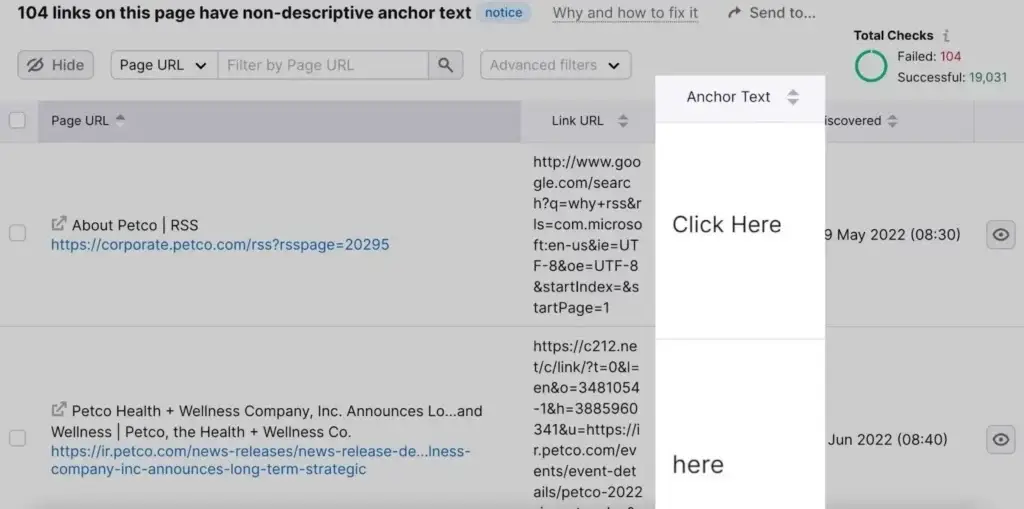 Screenshot of an SEO tool showing 104 links with non-descriptive anchor text like 'Click Here' and 'here', highlighting the importance of descriptive anchor text for the value of backlinks.