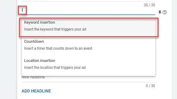 Screenshot highlighting 'Keyword insertion' option in a dropdown menu for dynamic keyword insertion in ad creation.