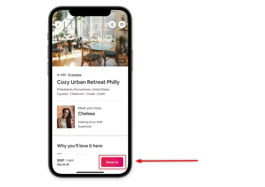 An iPhone displaying an Airbnb listing for 'Cozy Urban Retreat Philly', highlighting the 'Reserve' CTA button crucial for website statistics.