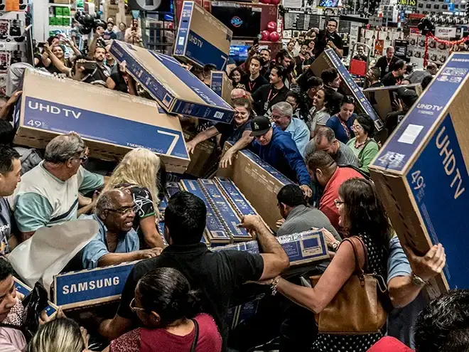 an image depicting the scarcity bias, where a group of people is frantically scrambling for tvs. this bias refers to the psychological principle that people tend to place more value on things that are scarce or limited in availability. this image illustrates the urgency that the scarcity bias can create in people, leading them to act impulsively to obtain a scarce item.
