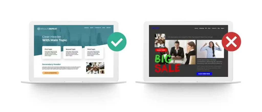 Two laptops show good vs. bad website design, highlighting key website statistics for user experience.