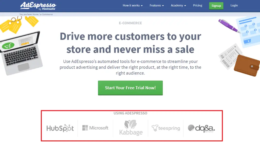 AdEspresso landing page showing how their platform drives sales, crucial for CVR marketing, with logos of integrated tools like HubSpot.