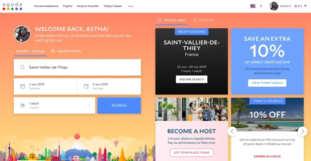 Agoda search page displaying hotel and flight options, with personalized greetings, part of a website optimisation strategy.