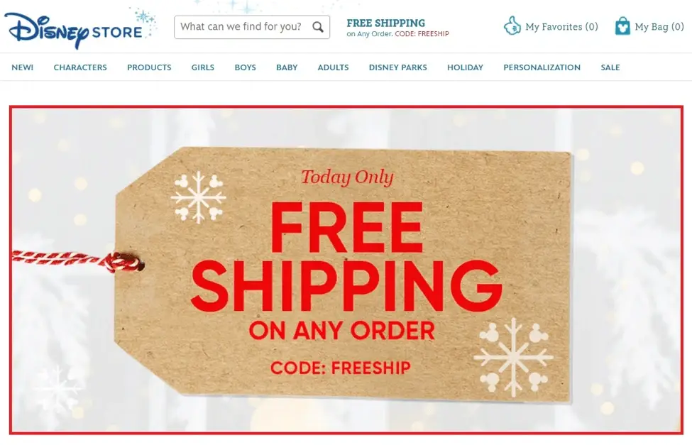 Disney Store homepage banner promoting free shipping on any order, an incentive for website optimisation strategy.