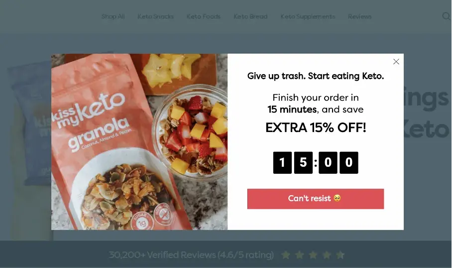 Website pop-up offering 15% off a keto granola order with a countdown timer, a key website optimisation strategy.