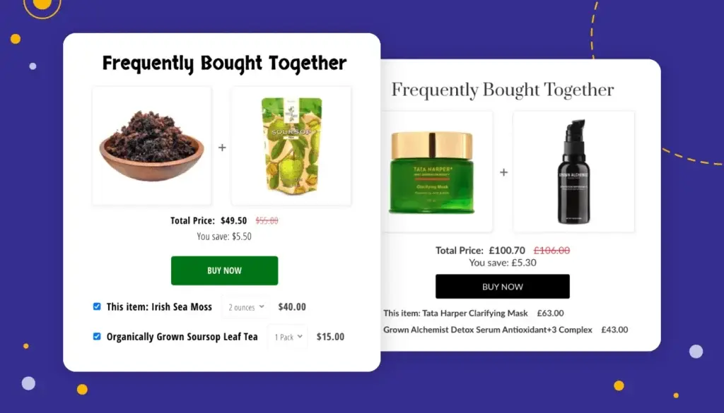 Examples of 'Frequently Bought Together' sections on e-commerce product pages, showing two different product bundles. A key website optimisation strategy for increasing sales.