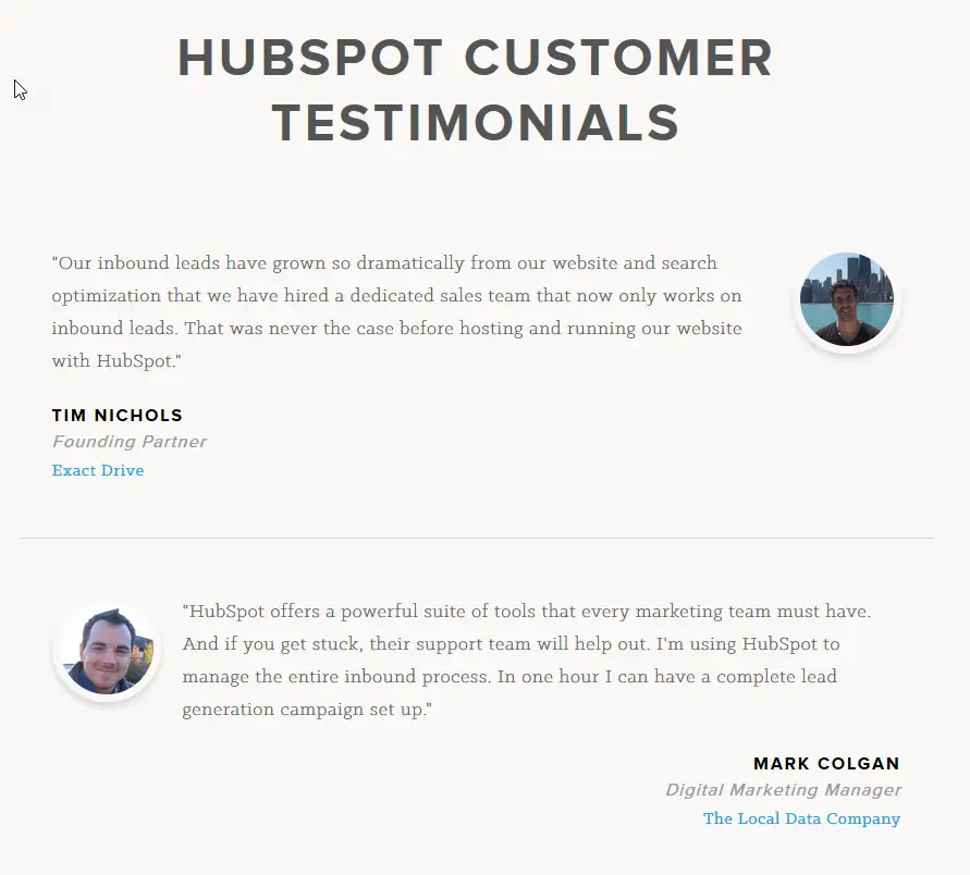HubSpot customer testimonials highlighting successful website optimisation strategy. Two men, Tim Nichols and Mark Colgan, provide quotes.