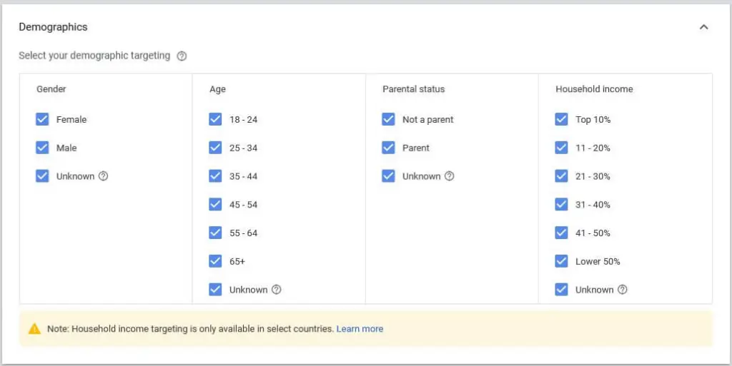 Screenshot of Google Ads demographic targeting options for gender, age, parental status, and household income, crucial for a Google Ads audit.