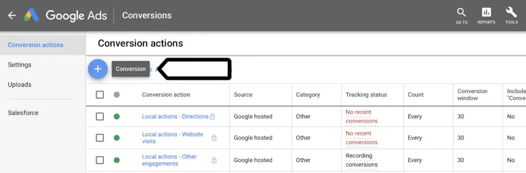 Screenshot of the Google Ads 'Conversion actions' page, showing various conversion types and their tracking status, essential for a Google Ads audit.