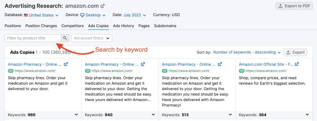 Screenshot of an advertising research tool showing Amazon's ad copies, with a red arrow pointing to the 'Search by keyword' filter. This helps to perform a Google Ads audit effectively.