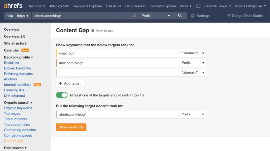 Ahrefs Content Gap analysis tool, an essential part of any keyword research checklist, comparing organic keywords across competitor blogs.