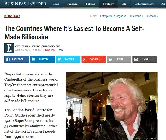 Business Insider article showing Richard Branson smiling, titled 'The Countries Where It's Easiest To Become A Self-Made Billionaire.' This headline is an example of how to write great headlines.