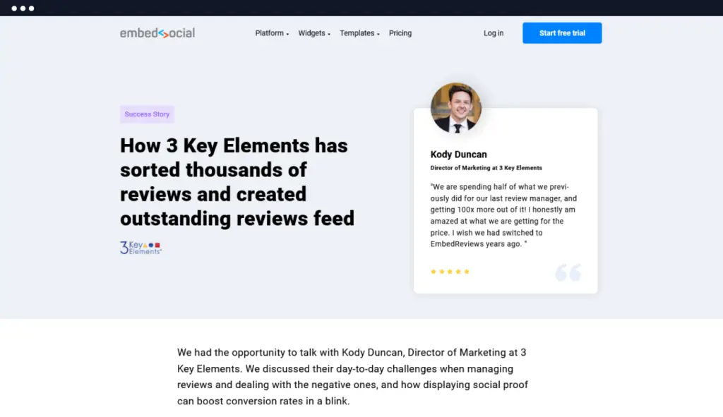 Website showing a success story about managing reviews, featuring a testimonial from Kody Duncan. This shows how to write great headlines using social proof.