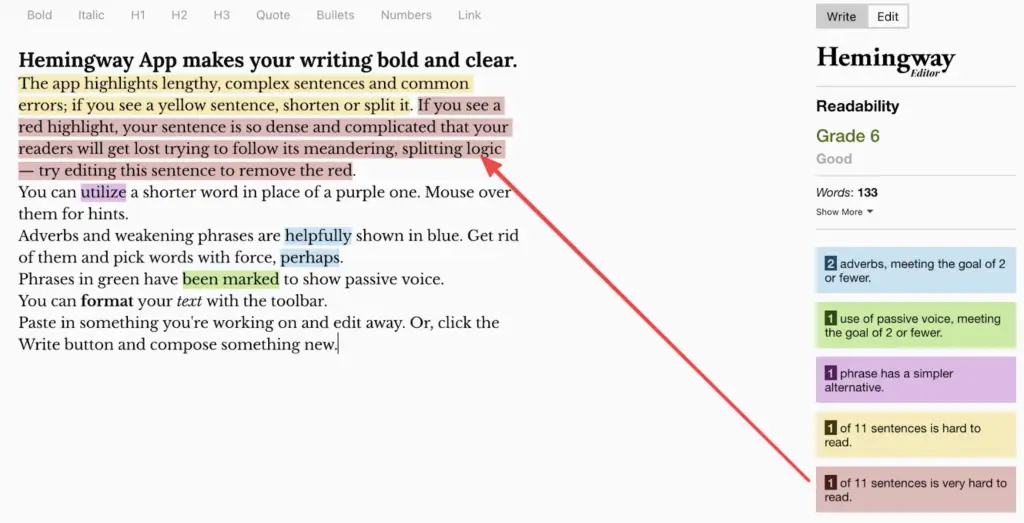 Hemingway App highlighting complex sentences in red, with a red arrow pointing to readability metrics. Useful for how to write great headlines.