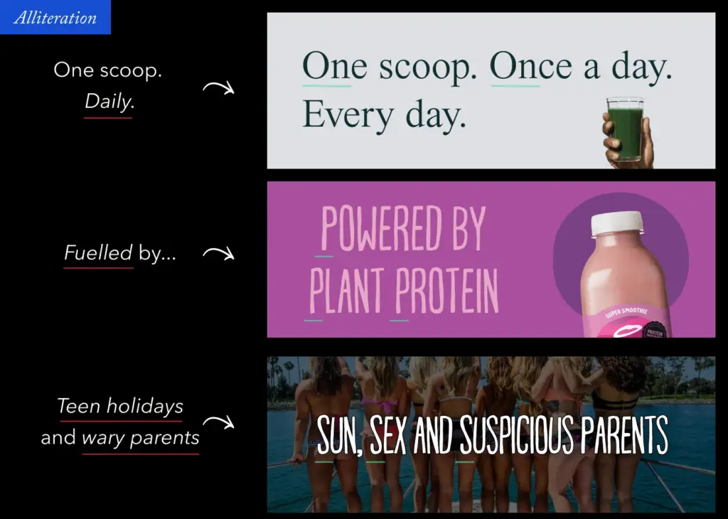 Examples of alliteration in headlines, such as 'SUN, SEX AND SUSPICIOUS PARENTS.' Demonstrates how to write great headlines using literary devices.