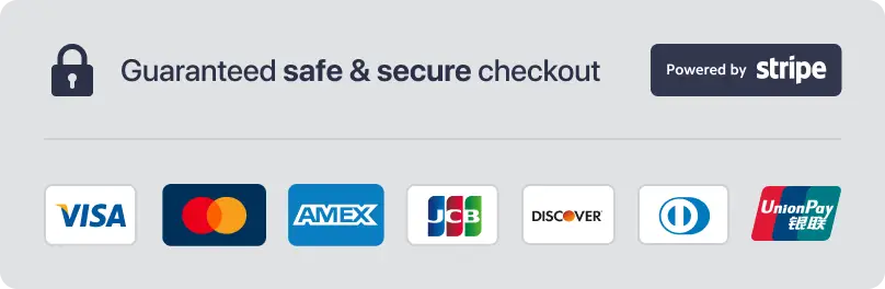 Secure checkout banner with padlock icon, 'Guaranteed safe & secure checkout', 'Powered by Stripe', and various credit card logos (Visa, Mastercard, Amex, JCB, Discover, UnionPay) to improve landing page experience Google Ads.