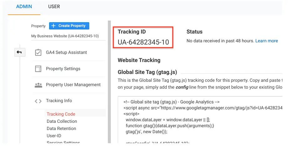 Google Analytics tracking ID and global site tag code, essential for improving landing page experience with Google Ads.