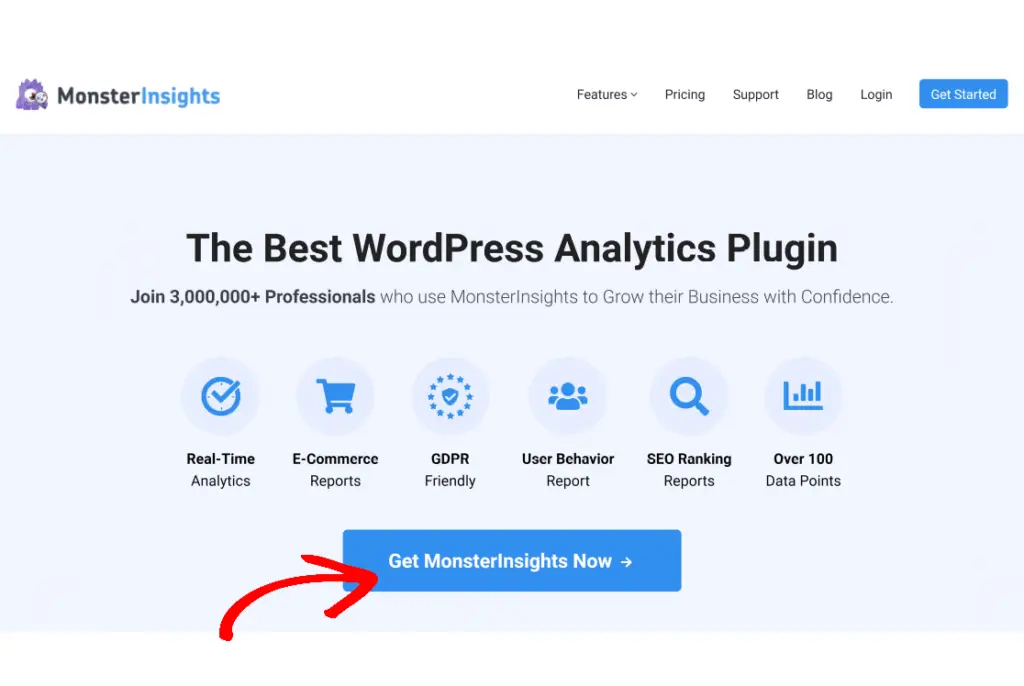 MonsterInsights landing page with a call to action button, highlighting features to improve landing page experience for Google Ads.