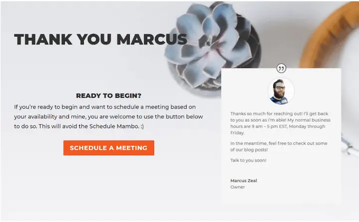 Thank you landing page with a call to action to schedule a meeting and a testimonial from Marcus Zeal to improve landing page experience Google Ads.