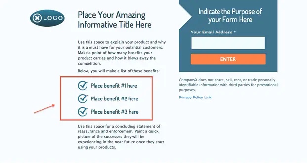 Example landing page layout with a headline, benefits list, and email signup form to improve landing page experience Google Ads.