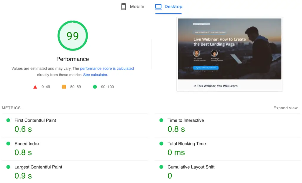 PageSpeed Insights showing a 99 performance score for a landing page, highlighting metrics to improve landing page experience Google Ads.
