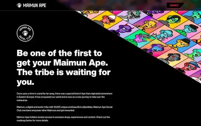 Maimun Ape NFT website with colorful ape characters, showcasing a website optimisation strategy for digital collectibles.