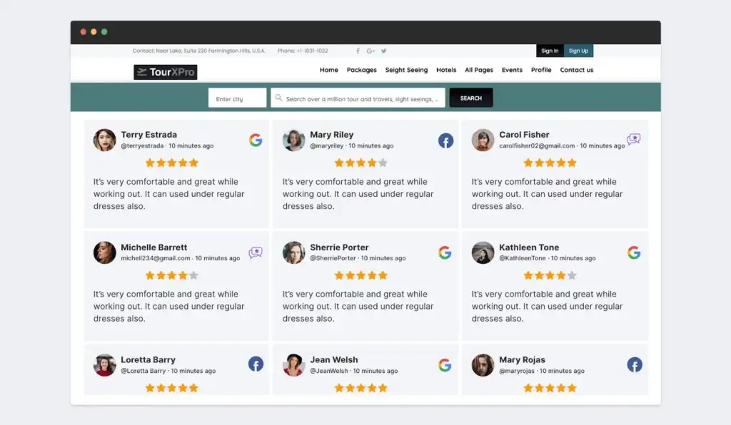 TourXPro website displaying multiple customer reviews with star ratings, enhancing trust as a website optimisation strategy.