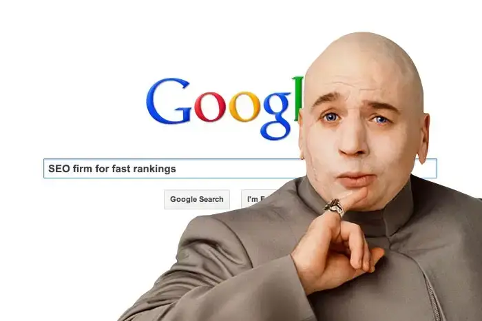Dr. Evil pondering a Google search for 'SEO firm for fast rankings,' illustrating the risks of monthly SEO services scams.