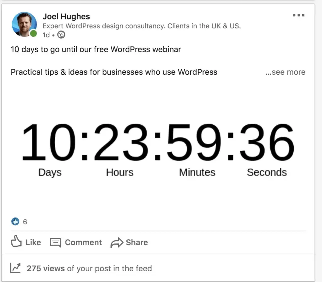 Social media post by Joel Hughes sharing a scarcity marketing countdown timer for a WordPress webinar.
