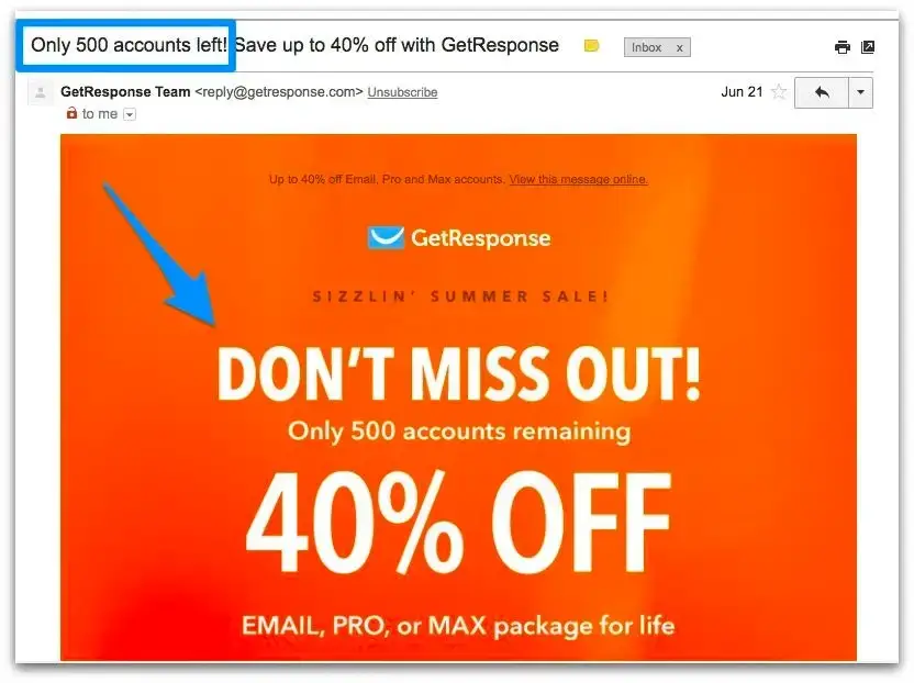 Screenshot of a GetResponse email displaying a scarcity marketing tactic: "Only 500 accounts left!" and "40% OFF" offer.
