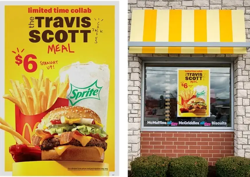 McDonald's Travis Scott limited time collab meal poster, an example of scarcity marketing, displayed in a restaurant window.