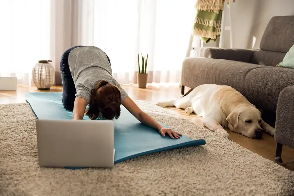Woman practicing yoga with a laptop in a living room, a golden labrador dog resting nearby. Illustrates how to increase customer lifetime value.