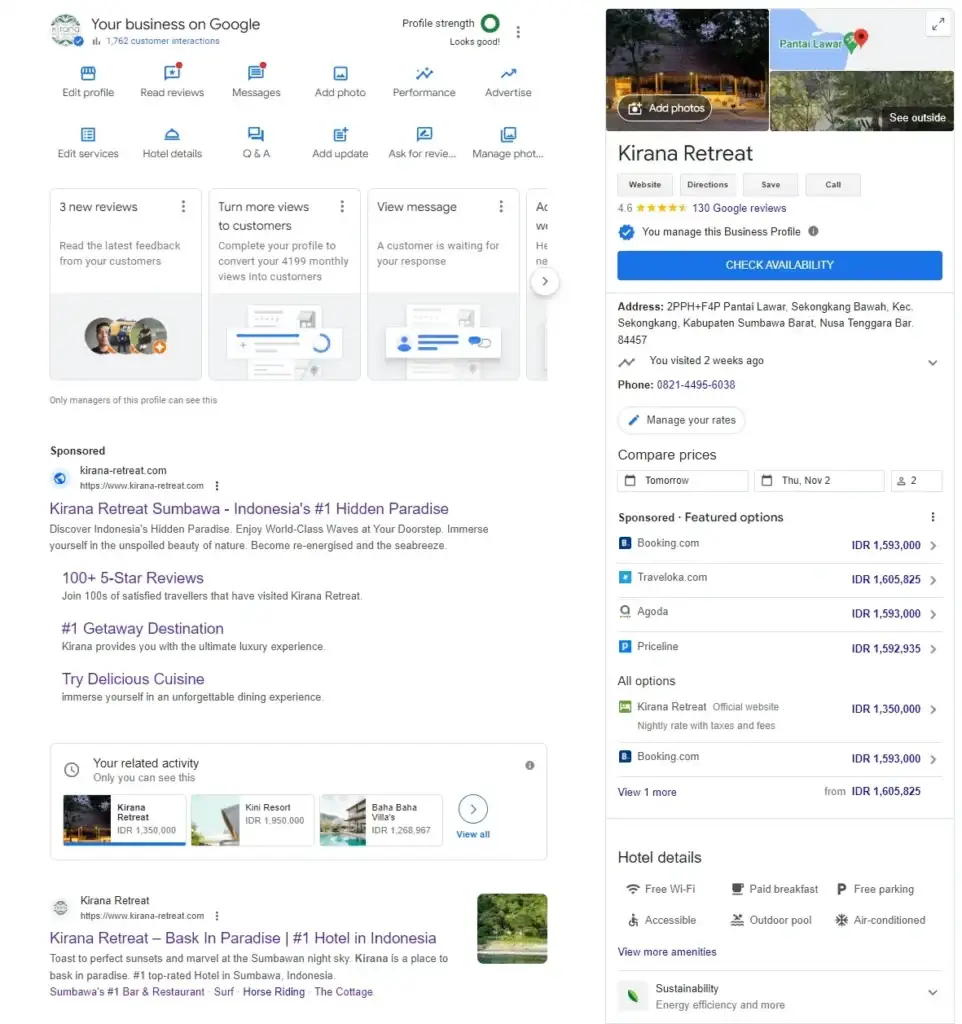 A detailed Google Business Profile for 'Kirana Retreat' hotel, showcasing why local SEO is important for visibility and customer engagement.