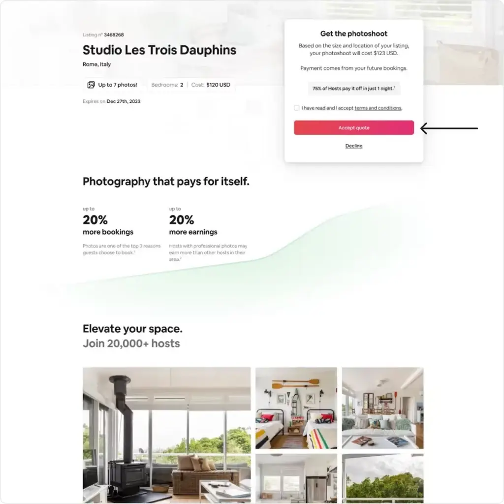 Airbnb listing page showing 'Get the photoshoot' option for Studio Les Trois Dauphins in Rome. Highlights Why is Local SEO Important, as good visuals boost local business.