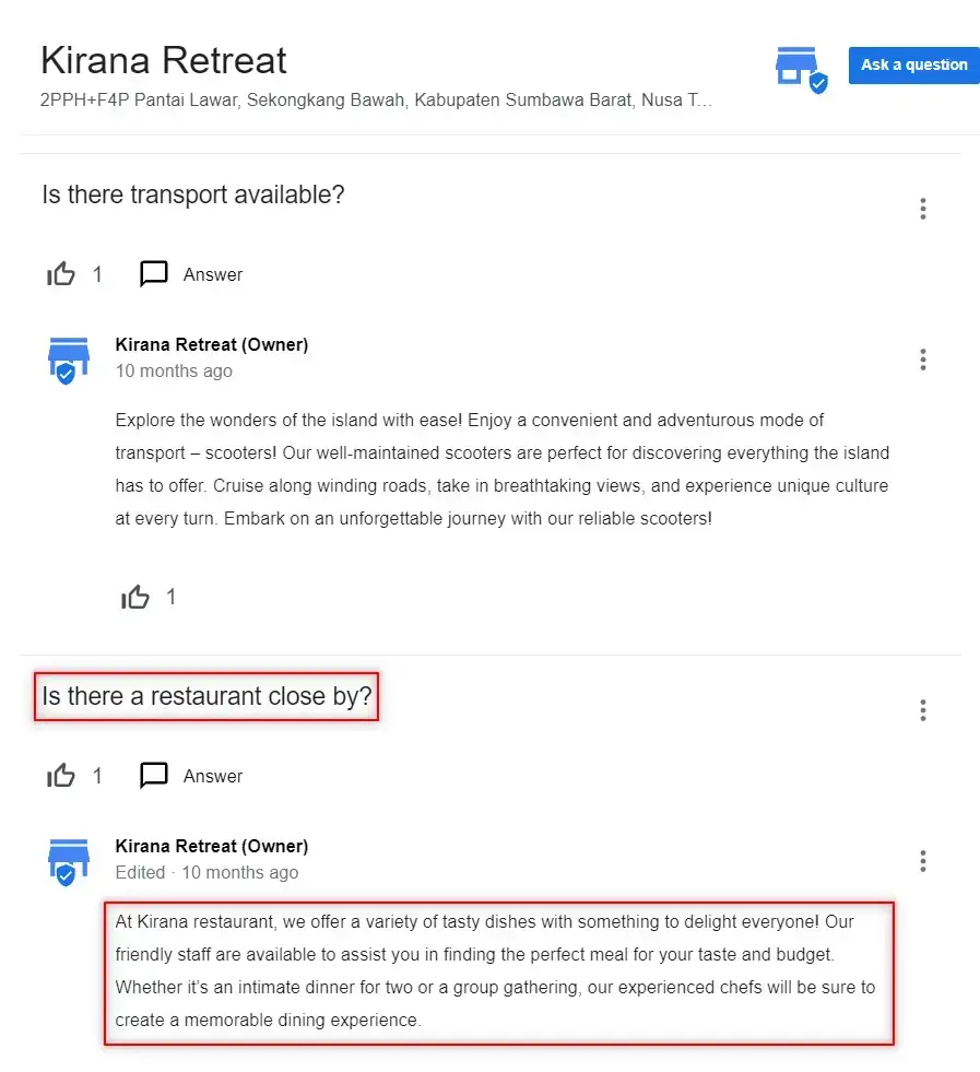 Google My Business Q&A section for Kirana Retreat, showing questions about transport and a restaurant, demonstrating why local SEO is important for businesses.