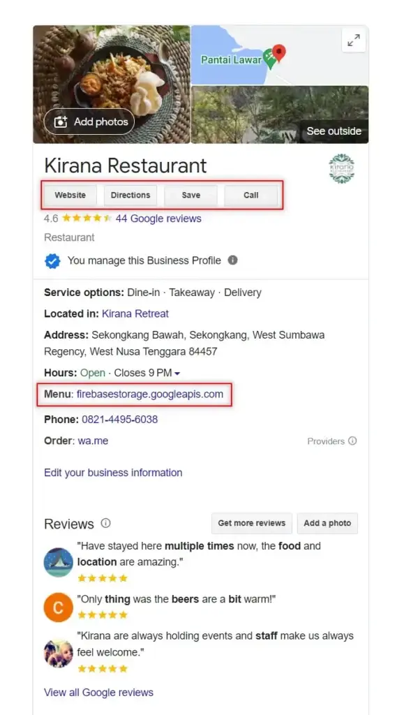 Google My Business profile for Kirana Restaurant, showing reviews and contact info. Why is Local SEO important for visibility?