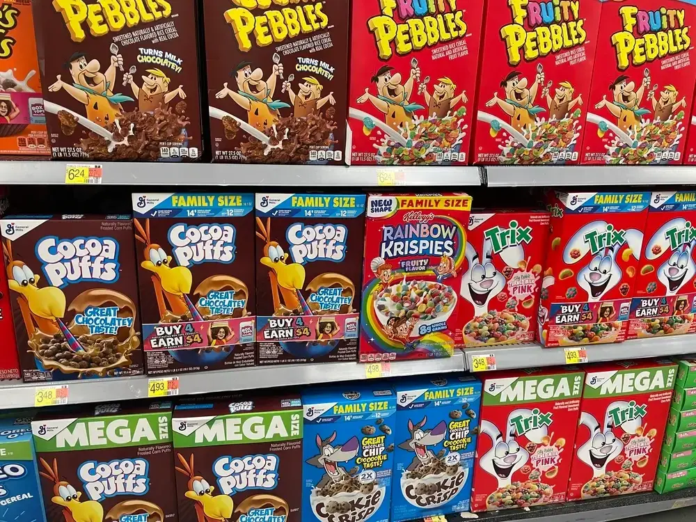 A vibrant supermarket aisle display packed with various cereal boxes like Fruity Pebbles, Cocoa Puffs, and Trix, illustrating the psychology of pricing.