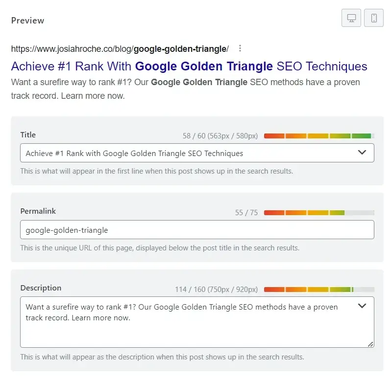 Screenshot of a blog post's Google SERP preview, showing the title, permalink, and description for Google Golden Triangle SEO.
