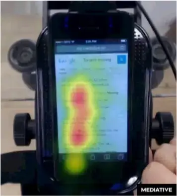 Mobile phone displaying a Google search results page with a heatmap showing the google golden triangle eye-tracking pattern.